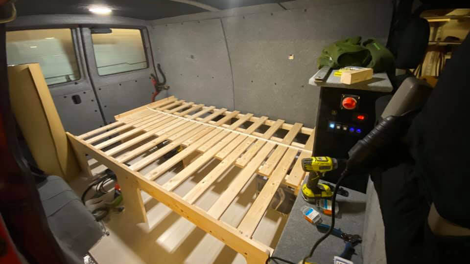 Building camper van interior bed queen size