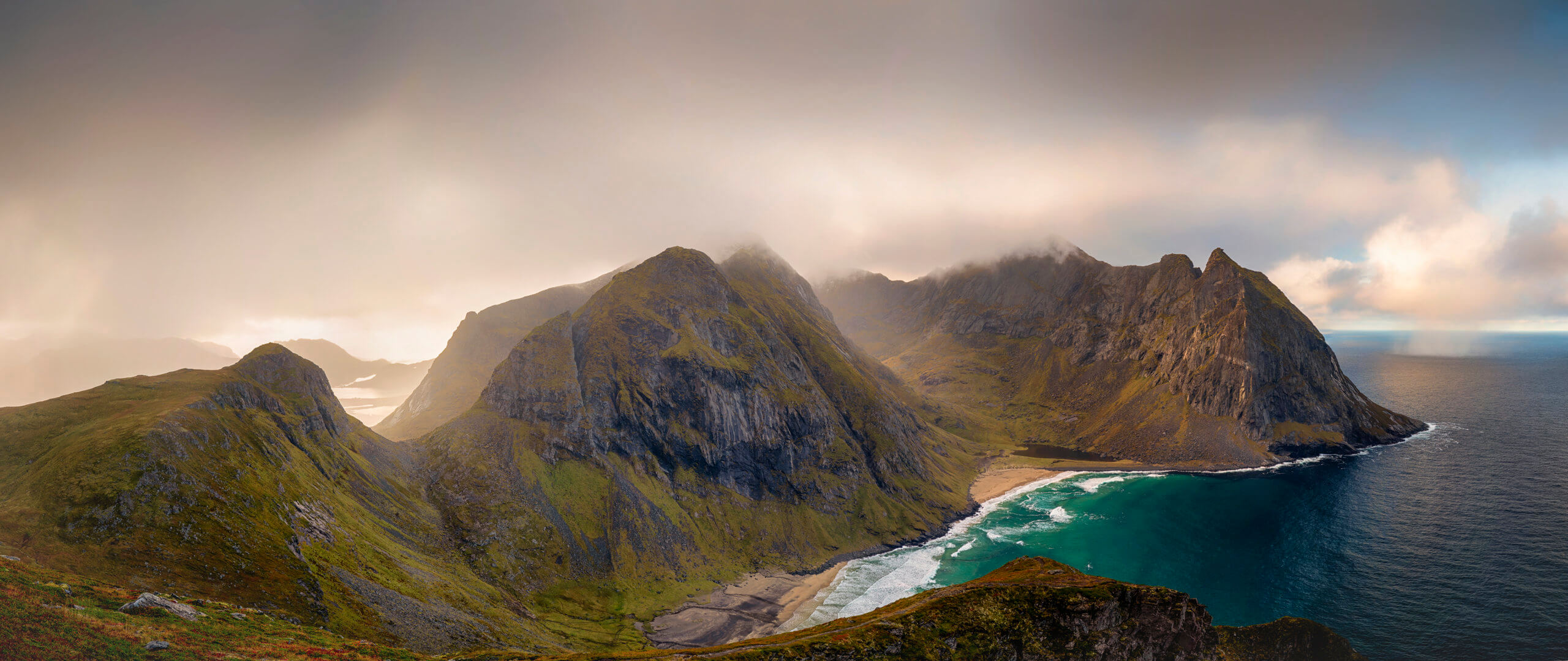 Panorama over Kvalvika beach viewed from Ryten - Joakim Jormelin